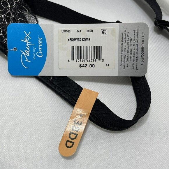 Playtex Lift Support Bra Size 38DD Black Full Coverage Low Cut Lace Embroidery - Picture 12 of 12